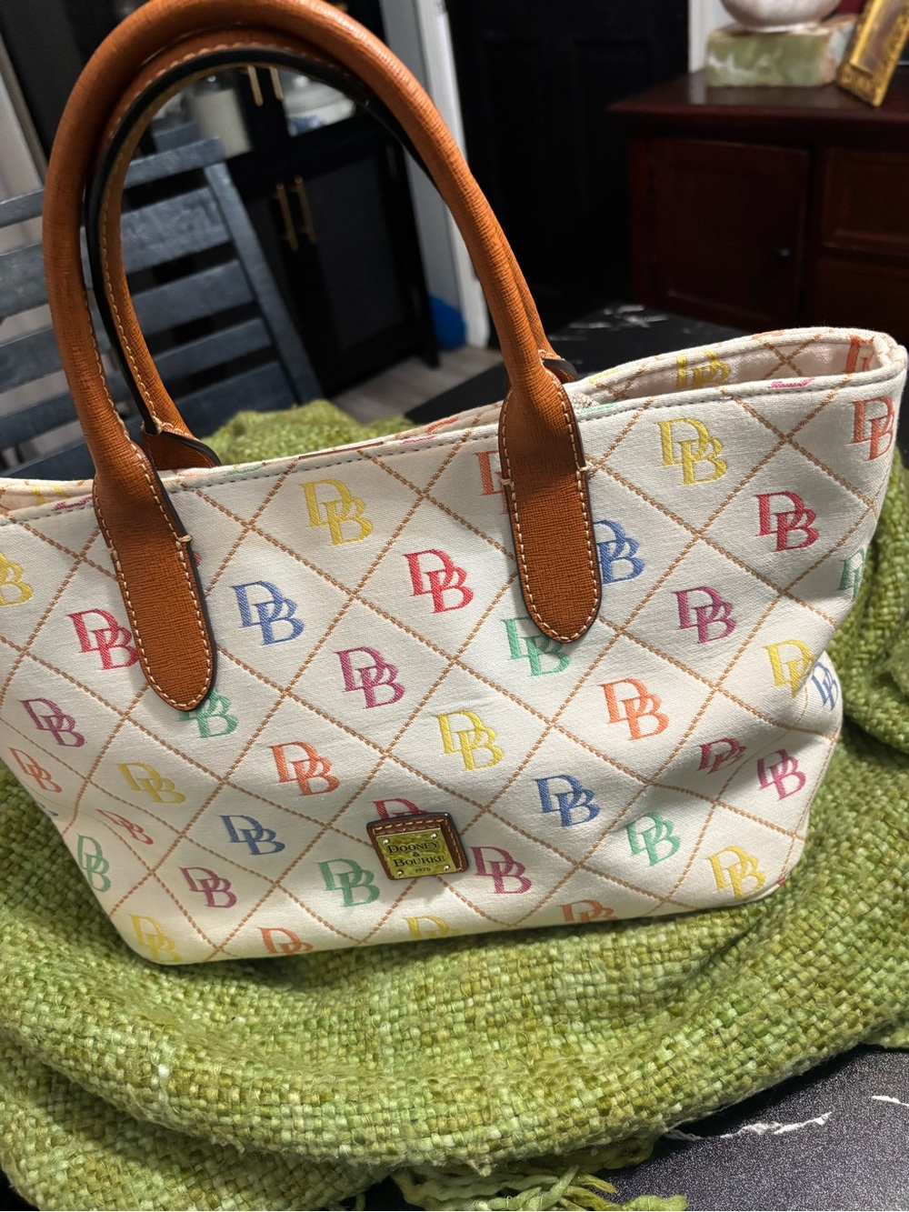 Dooney & Bourke Cream Multicolor DB Logo Quilted Tote with Brown Leather Trim